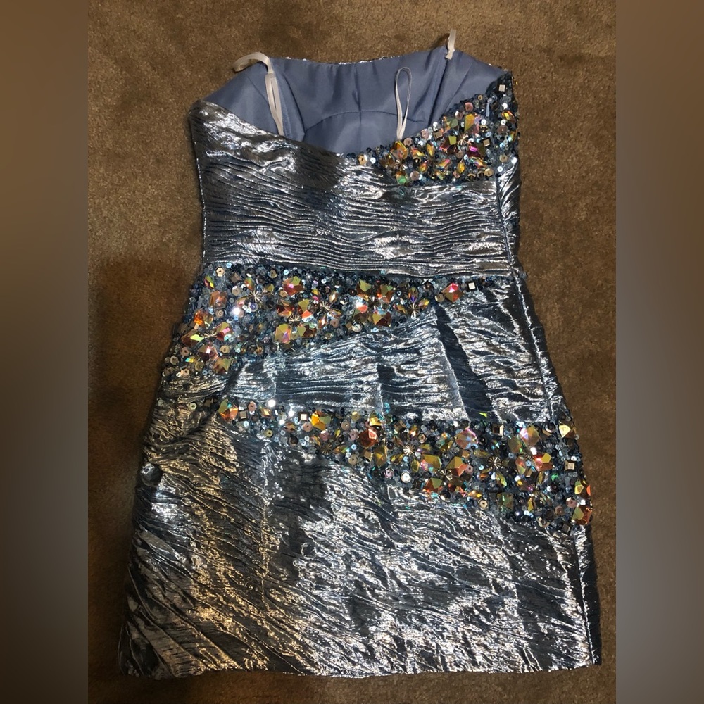 MacDuggal Light Blue Strapless Bejeweled Mini Dress Sz 8 - Picture 5 of 8